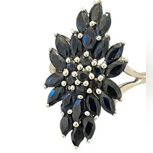 Vintage Sterling Silver and Marquise Cut Deep Blue Stones Flower Ring Size 9